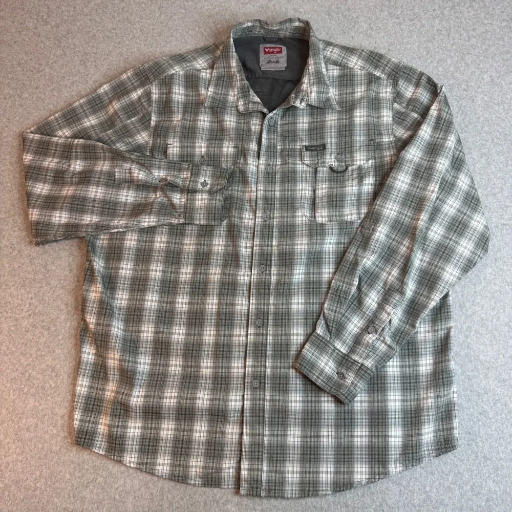 Wrangler Outdoor Series Mens XL Green Plaid Long Sleeve Fishing Hiking Shirt